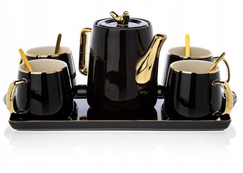 HowHomely Keramik Kaffeeservice für 4 Personen Modern - Schwarz Set mit Kanne, 4 Tassen und Serviertablett - Ideal für Kaffeeset Teeservice oder andere Getränke von HowHomely
