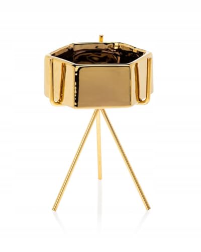 HowHomely Keramik Blumentopf mit Metallständer 16 x 9,5 cm für Wohnzimmer - Deko Blumenübertopf mit Pflanzschale Rund 11 cm Ø Gold Übertopf von HowHomely