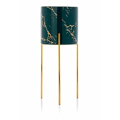 HowHomely Keramik Blumentopf mit Metallständer 28 x 11,5 cm für Wohnzimmer - Deko Blumenübertopf mit Pflanzschale Rund 11 cm Ø Grün-Gold Übertopf von HowHomely