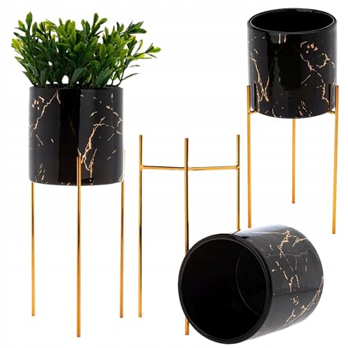 HowHomely Keramik Blumentopf mit Metallständer 28 x 11,5 cm für Wohnzimmer - Deko Blumenübertopf mit Pflanzschale Rund 11 cm Ø Schwarz-Gold Übertopf von HowHomely
