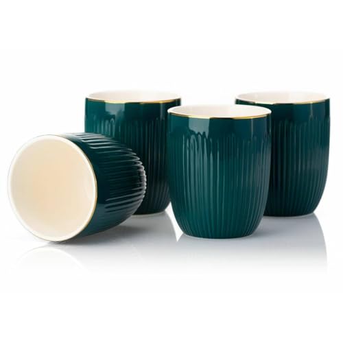 HowHomely Keramik Kaffeetassen mit Löffel (4 x 300 ml) | Steingut Geschirr Set | Grün Tassen 4er Set | Auch verwendbar als Espressotassen Kaffeetasse oder Teetasse von HowHomely