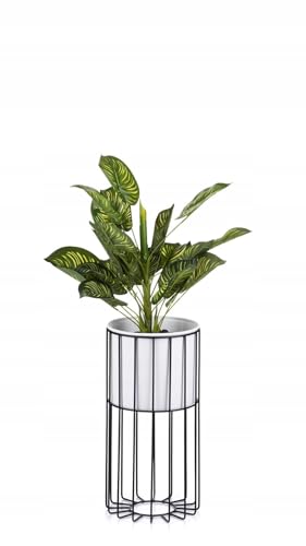 HowHomely Moderne Blumenständer Metall 42 cm Hoch mit Weiß Blumentopf Rund 19 cm Ø auf Robuste Schwarz Ständer - Pflanzenständer zur Dekoration Innenräumen von HowHomely
