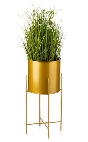 HowHomely Moderne Blumenständer Metall 55 cm Hoch mit Golden Blumentopf Rund 21 cm Ø auf Robuste Goldem Ständer - Pflanzenständer im Loft-Stil für die Innendekoration von HowHomely
