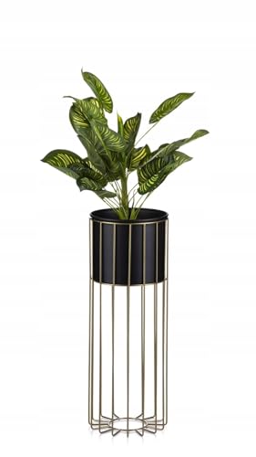 HowHomely Moderne Blumenständer Metall 55 cm Hoch mit Schwarz Blumentopf Rund 19 cm Ø auf Robuste Gold Ständer - Pflanzenständer zur Dekoration Innenräumen von HowHomely