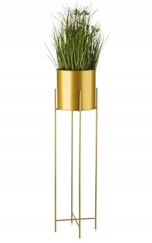 HowHomely Moderne Blumenständer Metall 95 cm Hoch mit Golden Blumentopf Rund 21 cm Ø auf Robuste Goldem Ständer - Pflanzenständer im Loft-Stil für die Innendekoration von HowHomely