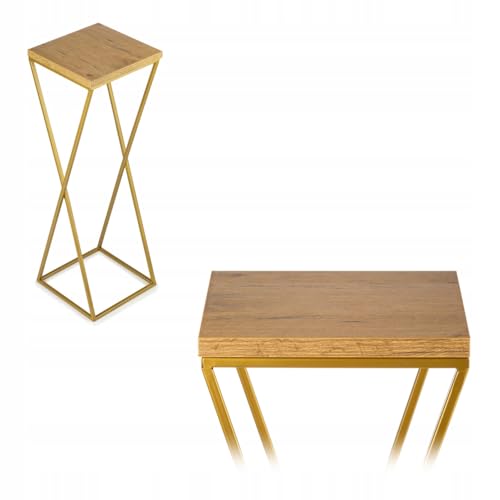HowHomely Pflanzenständer Metall 70 cm Hoch - Stabiler und Fester Blumenhocker mit Eiche Optik MDF-Platte auf Gold Ständer - Blumenständer zur Dekoration Innenräumen von HowHomely