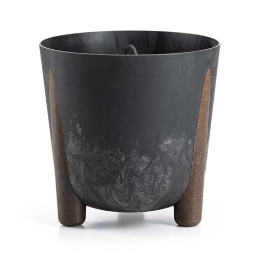 HowHomely Schwarz Blumentopf Kunststoff mit Braunen Füßen | ECO Pflanzschalen Ø 25,5 x H 25,3 cm | Leichter und Stabiler Blumenübertopf für Indoor oder Balkon und Terrasse | Beton-Optik Übertopf von HowHomely