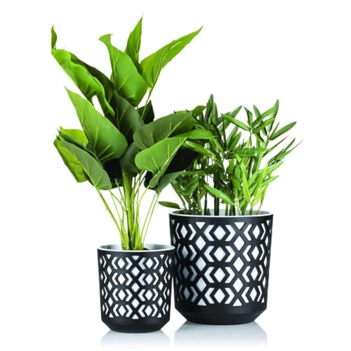 HowHomely Schwarz Blumentopf mit Weiß Pflanzkübel Einsatz - Set aus 2 Übertopf für Wohnzimmer Garten oder Terrasse - Leichter und Stabiler Blumenkübel Wetterfest von HowHomely