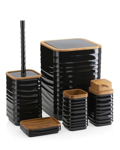 HowHomely Set Klobürste Schwarz Badezimmer Mülleimer Seifenspender Seifenschale schwarz braun | Badmülleimer und Toilet Brush und Zahnputzbecher Seifenablage schwarz | Elegante Bathroom Accessories von HowHomely