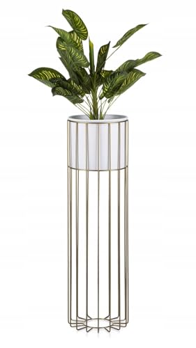 HowHomely Moderne Blumenständer Metall 70 cm Hoch mit Weiß Blumentopf Rund 19 cm Ø auf Robuste Gold Ständer - Pflanzenständer zur Dekoration Innenräumen von HowHomely