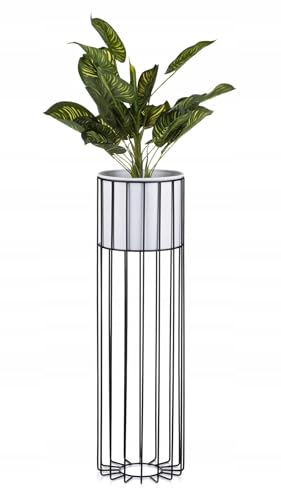 HowHomely Moderne Blumenständer Metall 70 cm Hoch mit Weiß Blumentopf Rund 19 cm Ø auf Robuste Schwarz Ständer - Pflanzenständer zur Dekoration Innenräumen von HowHomely