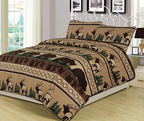 HowPlumb King, Queen, oder Twin Quilt Set 3 Stück Tröster Bär Elk Log Cabin Lodge Rustikal, Polyester-Mischgewebe, Brown, Tan, Hunter Green, White, Queen Quilt Set von HowPlumb
