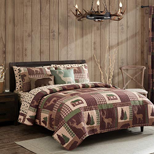 HowPlumb Quilt 2 oder 3-teiliges Set Rustikal Kabine Lodge Deer und Bär Überwurf Tagesdecke, Polyester-Mischgewebe, Green, Brown, Tan, Queen von HowPlumb