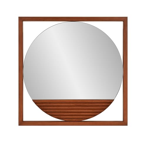 Howard Elliott Dirken Hängender runder Spiegel für die Wand, moderner Akzent, geometrischer Stil, Spiegel mit quadratischem Holzrahmen und braunem Finish, Kosmetikspiegel für Wohnzimmer von Howard Elliott Collection