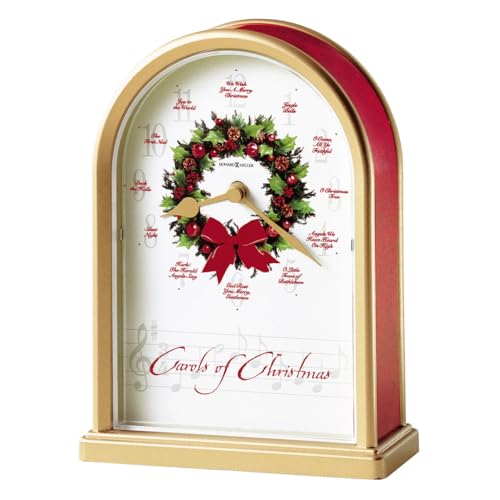 Howard Miller Carols of Christmas II Tischuhr 645-424 – satiniertes Messing-Finish, rote Marmor-Seiten, dekorativer Kranzzentrum, 12 Musiklieder, Quarzwerk von Howard Miller