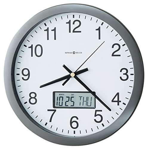 Howard Miller Chronicle Wanduhr 625-195 - Modernes Metallic-Grau, Flache Lünette, Anzeige des LCD-Kalenders (Monat, Tag, Wochentag), Quarz-Uhrwerk von Howard Miller