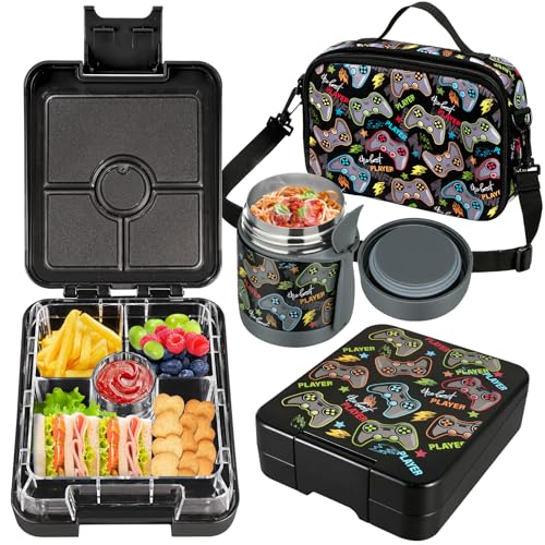 Bento-Lunchbox-Set für Kinder mit 284 ml Suppen-Thermoskanne, auslaufsichere Lunchbehälter mit 4 Fächern, Kinder-Thermoskanne und isolierter Lunchtasche für Kinder zur Schule, BPA-frei (schwarze von Howeemo