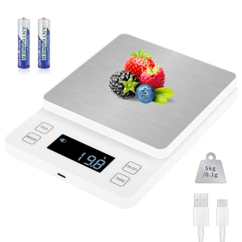 Howeifull Digitale Küchenwaage 0.1g genau, 5kg Hochpräzise Waage Küche Digital mit 10 Einheiten, Edelstahl-Wägeplattform, USB-C aufladbar Digitalwaage Küchenwage von Howeifull