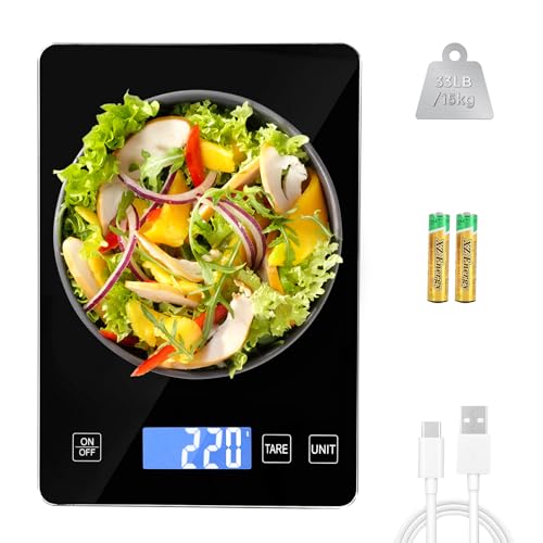 Howeifull USB C Digitale Küchenwaage, Max. 15 kg Küchenwaage Digital, 1g Richtigkeit Elektronische Waage Küche Lebensmittelwaage mit großer Wiegefläche, 5 Einheiten, Schwarz von Howeifull