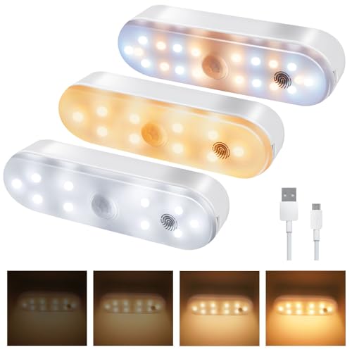 Howeifull Unterbauleuchte Küche LED Dimmbar, 3 Farben 3000K/4500K/6000K Schrankbeleuchtung mit Bewegungssensor, 3 Stück 4 Modi 1800mAh Aufladbar Nachtlicht für Küche, Kleiderschrank,Treppe von Howeifull