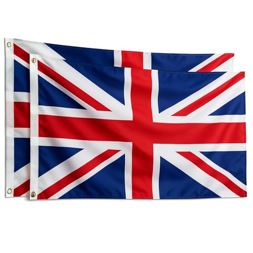 Union Jack Flags Britain UK Flag (PACK OF 2) 1.5 m x 0.9 m with Brass Eyelets British UK National Flag for Indoor & Outdoor Use, Parties Festivals Coronation Street Decorations Royal Celebrations, von HowseHold