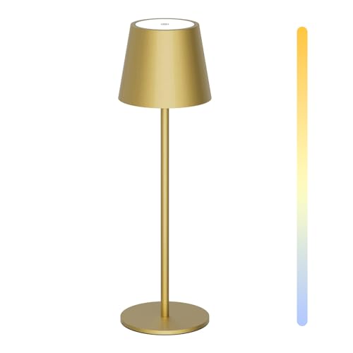 Howskys LED Kabellose Schreibtischlampe, 3 Farbtemperaturen dimmbare Schreibtischlampe, 5200mAh wiederaufladbare Akku Schreibtischlampe mit USB-C, Aluminium, IP54 Wasserdicht, Gold von Howskys