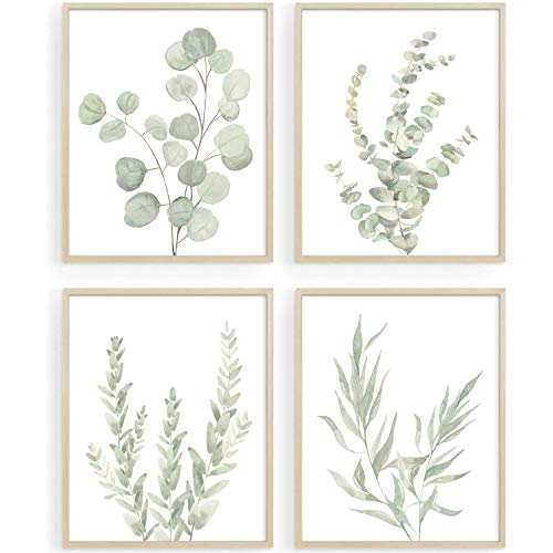 Howwii Botanische Boho-Badezimmer-Dekoration, Wandkunstdrucke, ungerahmt, salbeigrüne Pflanzendekoration für Schlafzimmer, Büro, minimalistische Eukalyptusblätter, Set mit 4 Bildern, 20.3x25.4 cm von Howwii