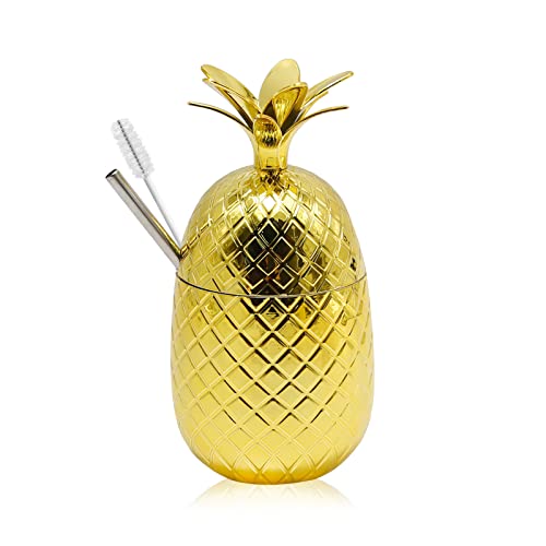 500ML Ananas verkupfert Edelstahl Cocktail Bar Stehbecher Tasse mit Strohhalm und Obst Schild, geeignet für Bar Küche Trinken Party alle kalten Getränke (Golden) von Hoypeyfiy