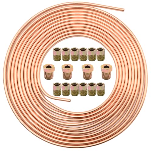 Hoypeyfiy 6,35mm Auto Kupfer Bremsleitung, 1/4" Zoll Bremsleitung mit Kupferbeschichtung, Bremsleitungsschlauch Bremsrohr Auto Ersatz Länge 7,6m mit 16 Muttern von Hoypeyfiy
