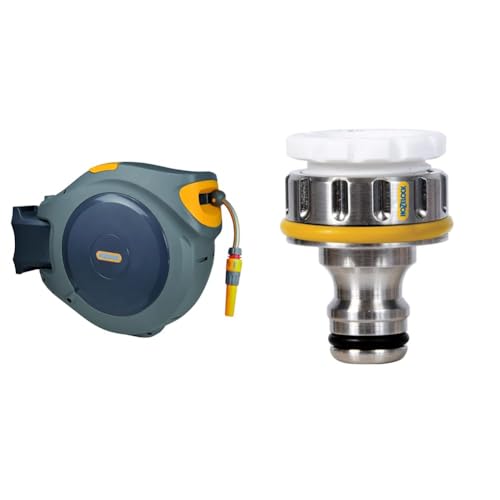 HOZELOCK - Wandschlauchbox Auto Reel 40 M: Automatische Aufrollung & Anschlußstücke Hahnstück PRO für Außenbereich für Außenhähne von Hozelock