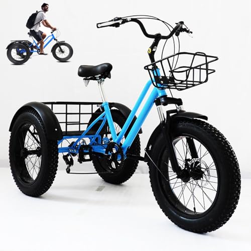 20" Fat Tire Tricycles for Adult (7 Speed), 3 Wheels Cruise Bicycles with Shopping Basket, Carbon Steel Frame, Load capacity: 200 kg/450 lbs, For Daily Riding, Shopping & Home Carrying Goods,Blue von HpLNDas