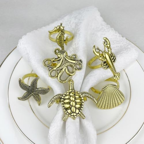 HpLive 6pcs Serviettenringe, Zinklegierung Muscheln Lobster Schildkröten Seepferdchen Kraken Serviettenringe für Haus Essen Bankett Familie Versammlung(Gold) von HpLive