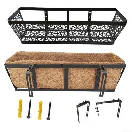 HpLive Blumenkasten 24 Zoll für Balkon Geländer mit Verstellbarer Halterung Rechteckiger Pflanzkasten mit Kokosfaser-Einlage(mit Ständer) von HpLive