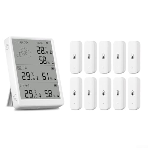 HpLive Für Tuya WiFi RF433 Thermometer Hygrometer Innen，Feuchtigkeit Sensor LCD Bildschirm Station 100 m Reichweite für Raumtemperatur, Keller, Babyzimme(1*Monitoer+10*Sensor) von HpLive