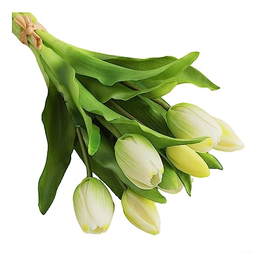 HpLive Künstliche Tulpen, künstliche Tulpen, Bündel mit 7 Tulpen, Blumenstrauß für Hochzeitsdekoration (weiß-grün) von HpLive
