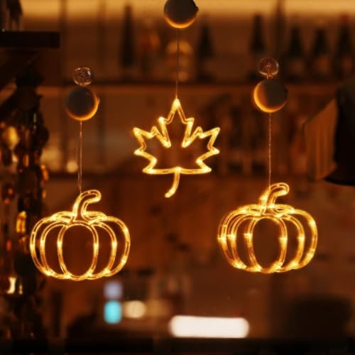 HpLive Kürbis Windlicht Ahornblatt Windlicht, Halloween LED Fensterbeleuchtung Batteriebetrieben, Halloween Thanksgiving Dekorationen(Set A) von HpLive