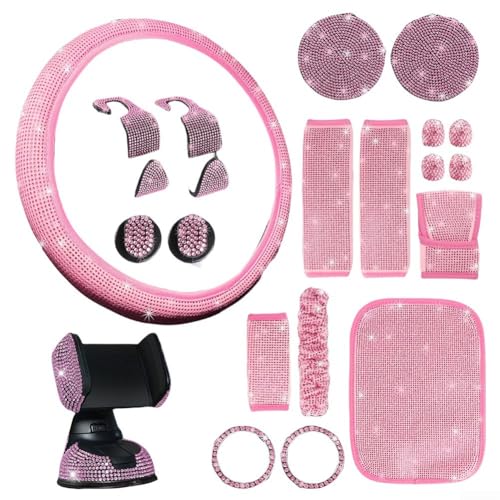 HpLive Luxuriöses Autoinnenraum Dekorations Set mit Lenkradabdeckung Handyhalter Getränkeuntersetzer für Damen(Rosa) von HpLive