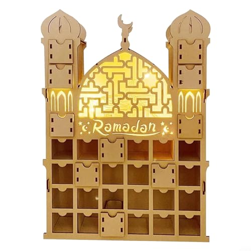 HpLive Ramadan Adventskalender mit Licht, Holz Moschee Form Ramadan Kalender mit 30 Schubladen, Batteriebetrieben (nicht enthalten) von HpLive