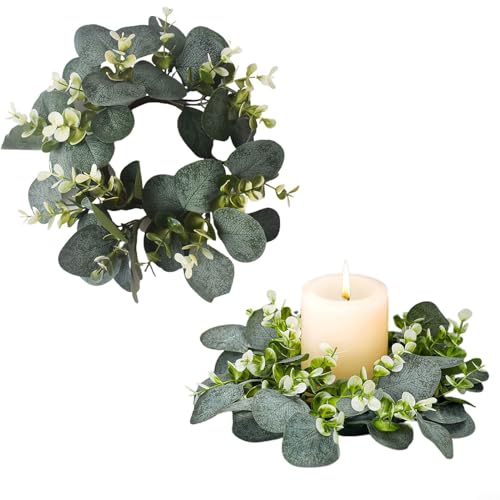 Runde Kerzenringe, künstlicher Eukalyptusblatt-Kranz mit Blumen, Kerzenkranz, Stumpenkerzenhalter, Girlande für Hochzeit, Abendessen, Party, Dekor, Kranz, Serviettenringe, 2 Stück von HpLive