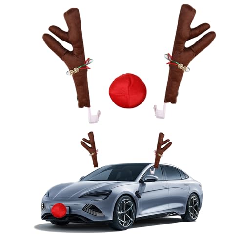Hpamba Rentiergeweih Auto Deko Weihnachten - Auto-Geweih-Dekorationsset in Dunkelbraun(2 Geweihe + Rote Nase) - Weihnachtsdeko für Auto PKW SUV Van von Hpamba