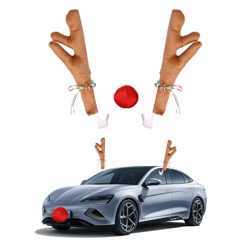 Hpamba Rentiergeweih Auto Deko Weihnachten - Auto-Geweih-Dekorationsset in Khaki (2 Geweihe + Rote Nase) - Weihnachtsdeko für Auto PKW SUV Van (Khaki) von Hpamba