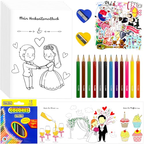 Hochzeitsmalbuch Kinder,6er Malbuch Hochzeit mit 50 Aufkleber,12 Buntstiften,2 Spitzer,Malbücher Hochzeit für Hochzeit Kinderbeschäftigung,Beschäftigung Kinder Hochzeit Spiele,Gastgeschenke Hochzeit von Hpbaggy
