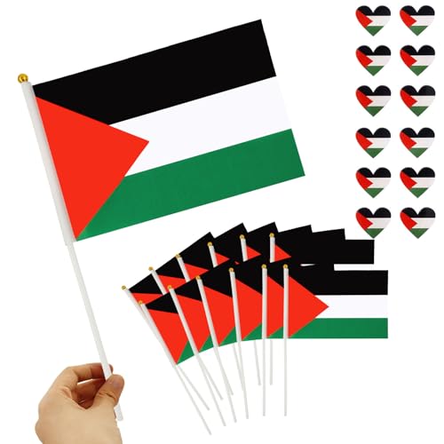 12 Stück Palästina Flagge klein+12 Stück Aufkleber Palästina Herz,20 x 14.5 cm Mini Palestine Flagge mit Stange,4 x 3.5 cm Autoaufkleber Palästina,Wetterfeste & UV Schutz Fahnen für Outdoor Dekoration von Hpbaggy