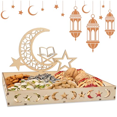 Hpbaggy Eid Mubarak Tischdeko Teller,Dessert-Tablett Holz Teller Mond Und Stern Muster,Moon Star Servierteller für Ramadan,Eid Mubarak Dekoration,Ramadan Essen Dessert Tablett (Moon) von Hpbaggy