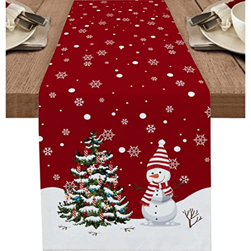 120 Zoll Frohe Weihnachtstisch Läufer langwaschbarer Sackleinen Leinen Tischkollektion für Esskiefern Tree Snowman Snowflake Tisch Runner von Hperu