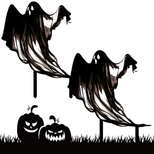 2pcs Halloween Yard Stakes wasserdichte Schwarze Geister Edelstahl Außendekor für Garten Rasen Veranda 8.4x9, 7 Zoll, Halloween Yard Decor von Hperu