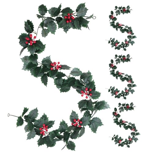 4PCS Weihnachtsgirlande, 67 Zoll künstliches Holly Leaf & Red Berry Girlande - wasserdichtes Hängedekor für Fenster, Tür, Winterparty, Hochzeit, Zuhause (tiefgrün) von Hperu