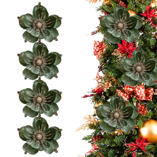 4pcs Weihnachten Blumen künstlicher Glitzer eleganter Samt Magnolia Künstliche Blumen Weihnachtsbaumdekorationen für häusliche Hochzeit grün von Hperu