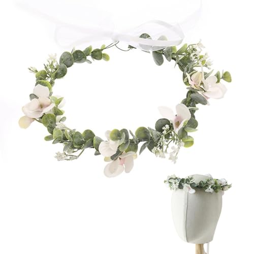 Haarkranzkommunion Mädchen Simulation Blume Kopfschmuck Eukalyptus Girlande Braut Haare Hoop Hochzeit Eukalyptus Boho Kopfbedeckung Blume Haarkranz Girlande Stirnbänder für Braut Weiß von Hperu