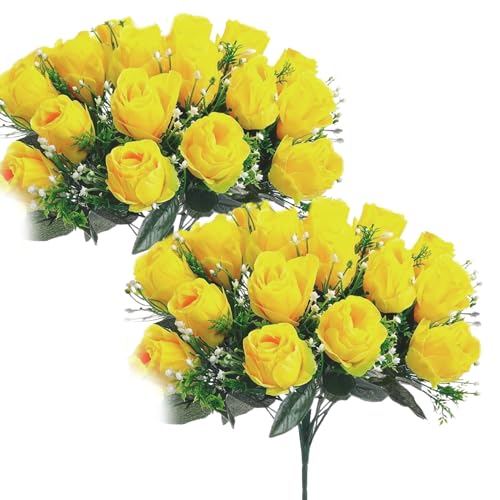 Hperu 2 Blumensträuße Grabblumen für Friedhof, 24 Köpfe künstliche Blumen für Gräber, falsche Rosengräbere 15,8 '' realistische Seidenblumen im Freien für Grabdekorationen, Gelb, Gelb von Hperu